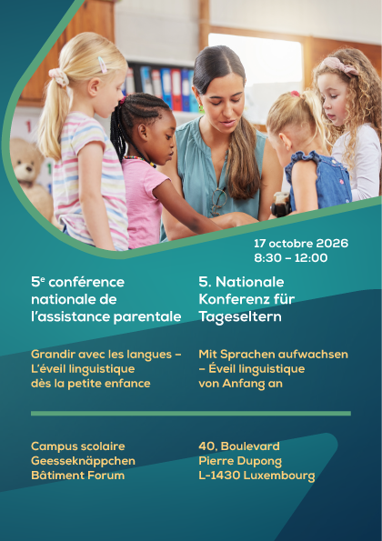 Affiche de l'appel à participation pour la Conférence Nationale de l'Assistance Parentale du 17 octobre 2026, sur le thème « Grandir avec les langues – L'éveil linguistique dès la petite enfance ». Une éducatrice lit un livre avec des enfants. Organisée par le Ministère de l'Éducation nationale du Luxembourg et Arcus. Candidatures avant le 14 avril 2026.